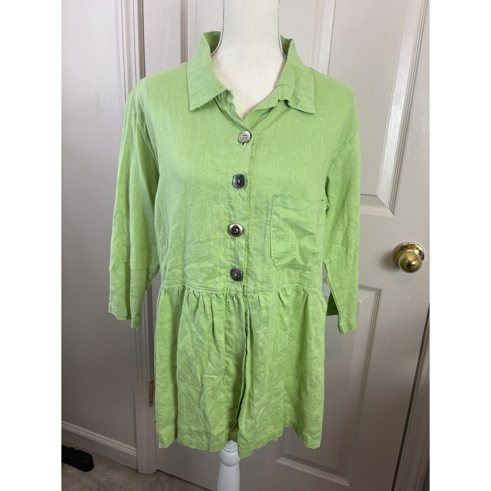 Liz and Jane 100% Linen Top Lime Green Oversized Button Down Womens Small - 345
